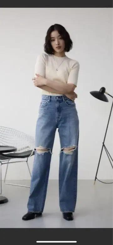 AZUL by moussy 데미지 와이드 데님 라이트 블루 M