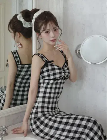 darich 깅엄 자카드 니트 롱 원피스
