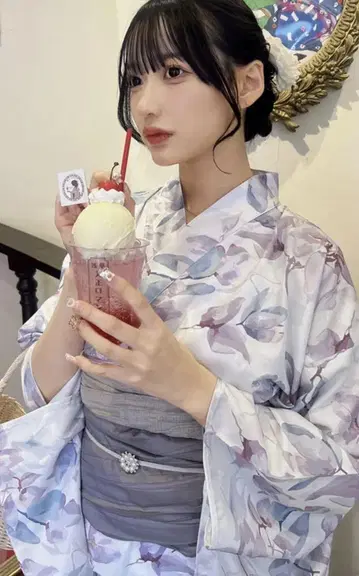 연보라색 꽃무늬 유카타 오비 세트