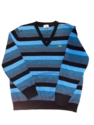 Lacoste V넥 스웨터 파랑과 블랙 스트라이프