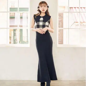 Darich 다리치 빅 칼라 깅엄 체크 니트 롱 원피스