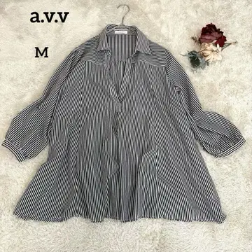 [아베베] a.v.v 스트라이프 5부 소매 버튼 셔츠 블랙 넉넉한 M