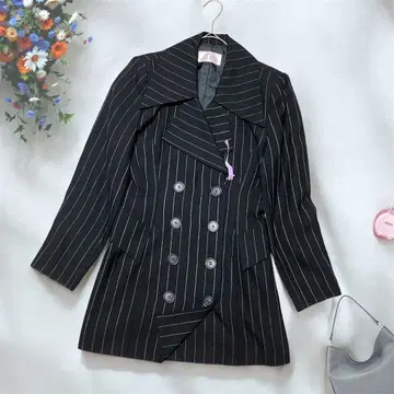 [ Ca et La ] 스트라이프 체스터 코트 9AR 블랙 더블 프레스