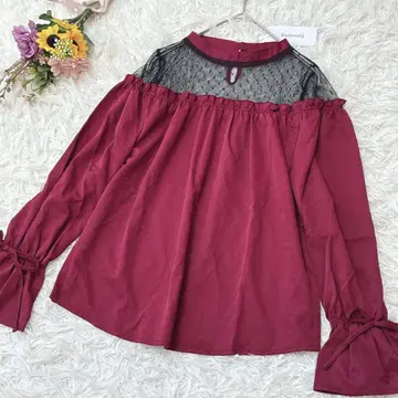 새상품 [라다리스타] 이소재 셔츠 블라우스 시스루 레이스 버건디 M