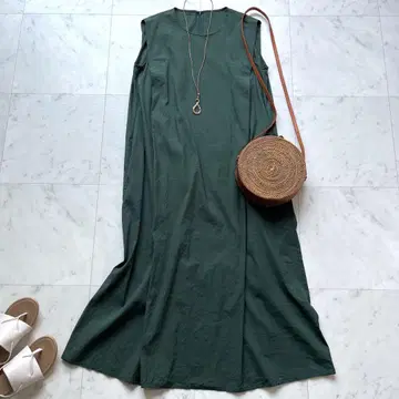 다마 컬렉션 롱 원피스 린넨 혼방 맥시 기장 다크 그린 짙은 녹색