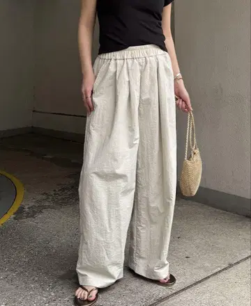 아이보리 와이드 팬츠 허리밴딩 나일론 개더 와이드 팬츠