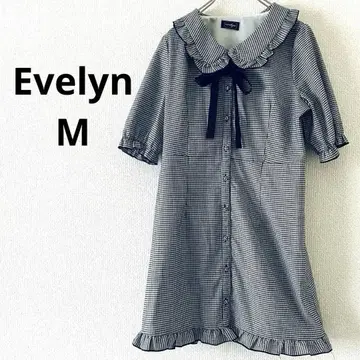 에블린 Evelyn 깅엄 체크 원피스 M 프릴 둥근 카라 리본