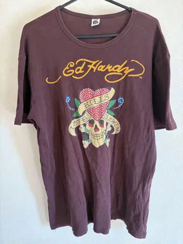 Ed Hardy 스컬 하트 티셔츠 와인 레드