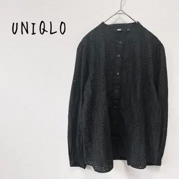 [유니클로] 블라우스 블랙 L 자수 레이스 긴팔 면100% 비침 시어풍