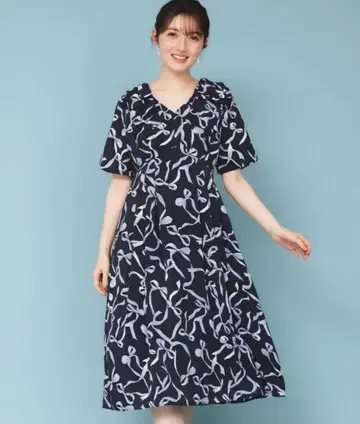 리본 무늬 턱 슬리브 원피스 원피스 인덱스 네이비