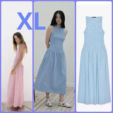 깅엄 체크 미디 원피스 스카이블루