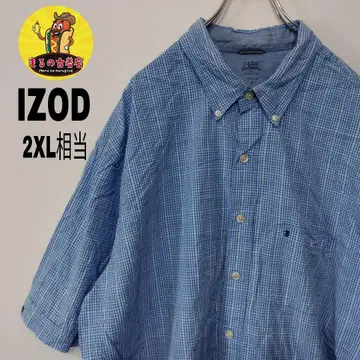 미국 구제 의류 IZOD 반팔 버튼 셔츠 2XL 상당 블루 화이트 체크