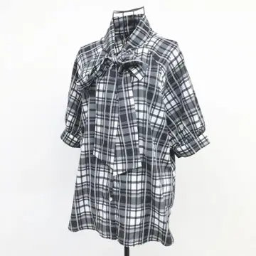 아베베 보타이 블라우스 L 블랙 체크 무늬 리본 귀여운 청순