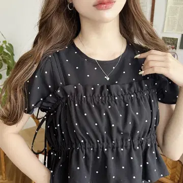 moment+ 뷔스티에 반팔 원피스 도트 무늬