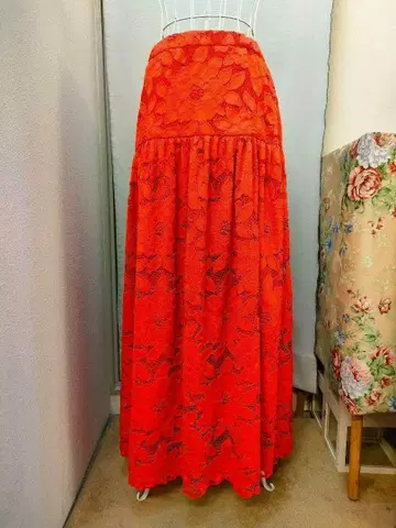 그레이스 콘티넨탈 오렌지 전체 레이스 롱 스커트 밴딩