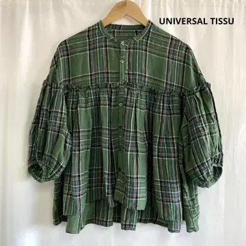 UNIVERSAL TISSU 밴드 칼라 린넨 개더 블라우스