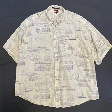 [하자품] 80년대 Tommy HILFIGER 반팔 버튼 다운 셔츠 XL