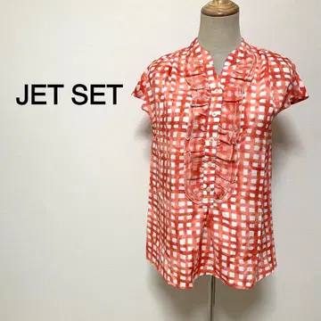 JET SET 오렌지 컬러 체크 무늬 프릴 디자인 셔츠