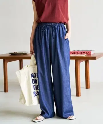 FREAK'S STORE 네이비 데님 레이온 이지 팬츠