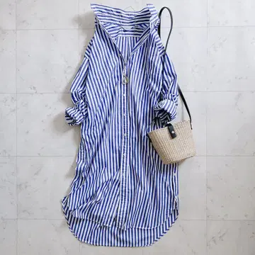 컨디션 최상 아메리카나 스트라이프 셔츠 원피스 버튼 다운 블루