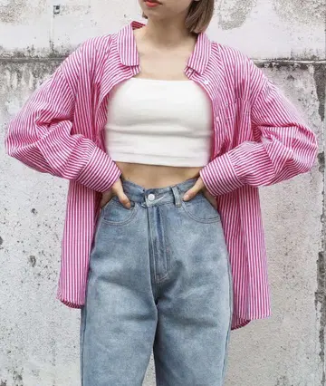[ 팁탑 ] 스트라이프 빅 셔츠 긴팔 셔츠 빅 실루엣 핑크
