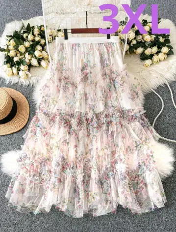 플라워 프린트 언밸런스 헴 롱 스커트 3XL(jp6L)