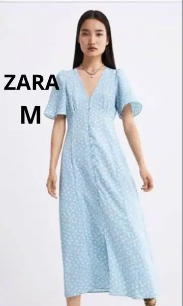 ZARA 부케 패턴 원피스 꽃무늬 롱 드레스 스카이블루