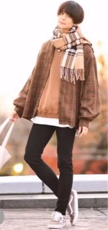 브라운 체크 무늬 긴팔 플란넬 셔츠