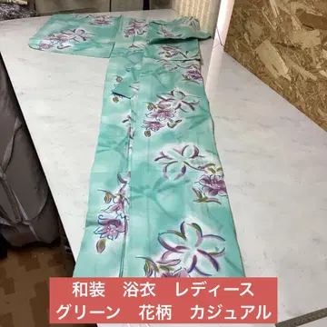 일본 의류 유카타 여성용 그린 연한 보라색 꽃무늬 캐주얼 귀여운 (7Y)
