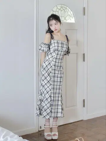 m me eme 2웨이 체크 롱 메리드 드레스