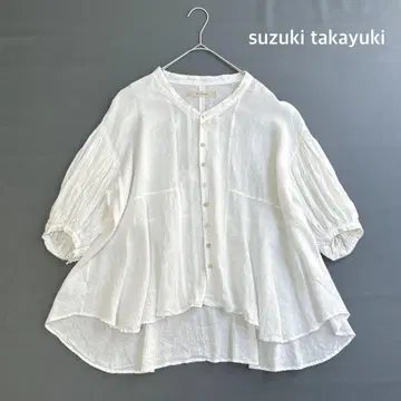 suzuki takayuki 린넨 퍼프 슬리브 블라우스 개더