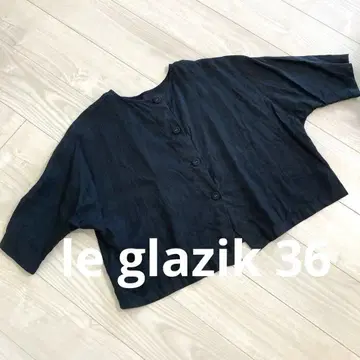 le glazik // 린넨 100% 블랙 버튼 크롭 셔츠 반 소매 36