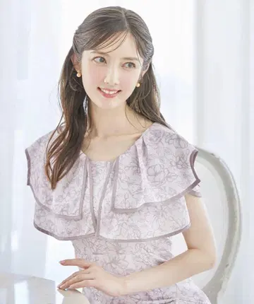 백 레이스업 파이핑 빅 칼라 플라워 프린트 머메이드 원피스