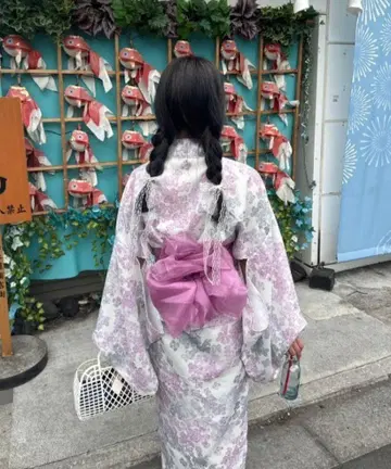 유카타 오비 세트 화이트 베이스 꽃무늬