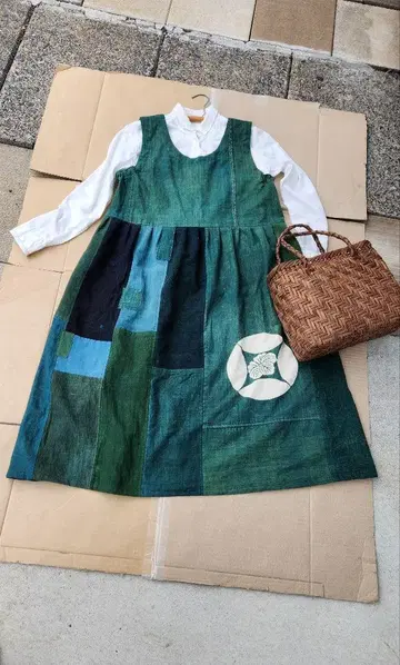 빈티지 원단 리메이크 가문 네이비 나염 오버롤 스커트 목화