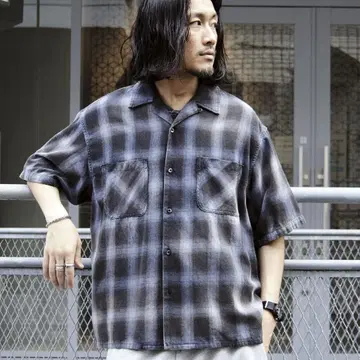 새상품 프릭스스토어 오픈 카라 옴브레 체크 셔츠 무라 블리치 가공
