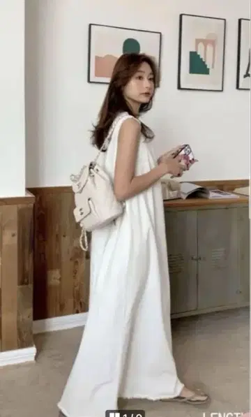 벌스데이 바쉬 화이트 데님 슬리브리스 롱 원피스