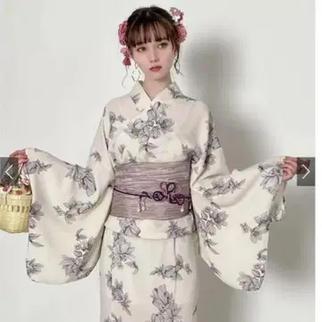 유카타 오비 원피스 3개 세트 꽃무늬 슬리브리스 돌려입기 인기 화이트