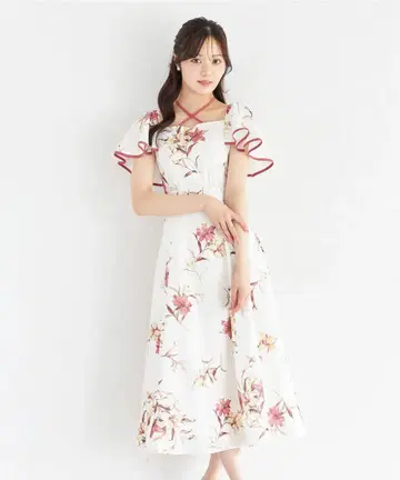 [새상품] 릴리 프린트 플레어 슬리브 백 레이스업 원피스