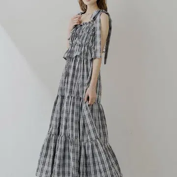 chico 아지메 끈 디자인 체크 무늬 셔링 롱 원피스