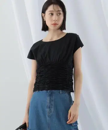 Ray BEAMS 셔링 개더 허리 프렌치 슬리브 상의
