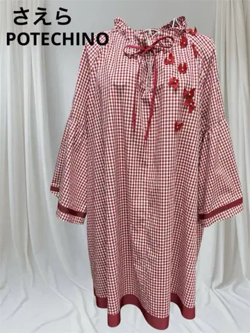 새상품급 사에라 POTECHINO 깅엄 꽃 장식 귀여운 푹신푹신 튜닉