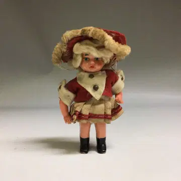앤티크 셀룰로이드 인형 빨간색과 화이트 의상 10cm