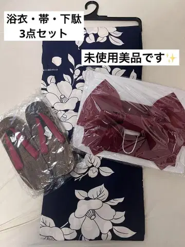 네이비 꽃무늬 유카타 오비 일본 나막신 세트