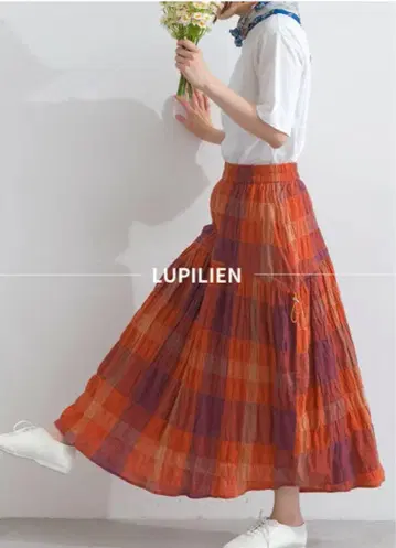 Lupilien 체크 드로스트 셔링 스커트 애프리콧