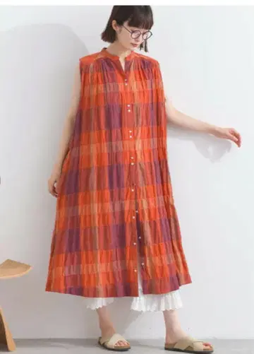 Lupilien 체크 슬리브리스 원피스 애프리콧
