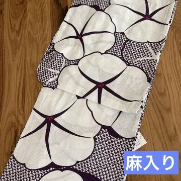 유카타 새상품 여성용 린넨 면 보라색 대형 꽃 나팔꽃