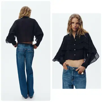자라 ZARA 숏 기장 세미 시스루 프릴 셔츠 셔츠 블랙
