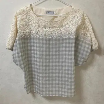 아나텔리어 레이스 달린 회색 아이보리 체크 반팔 블라우스 S