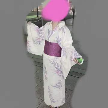 화이트 보라색 꽃무늬 유카타 세트